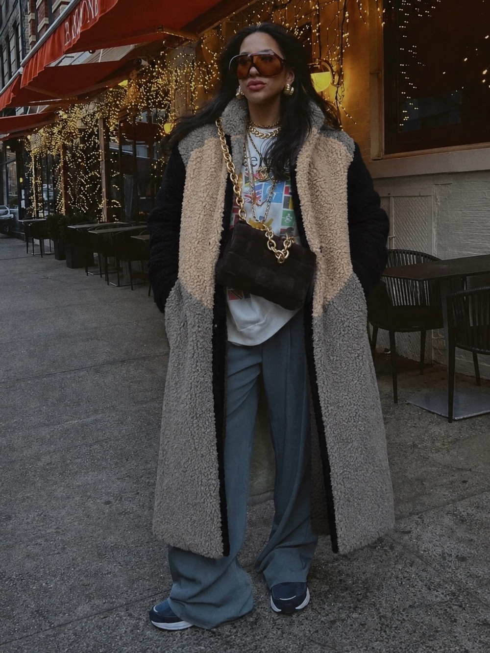 Sherpa Teddy Black, beige, gray trench coat sz lg  #fauxfur #minimalist trench